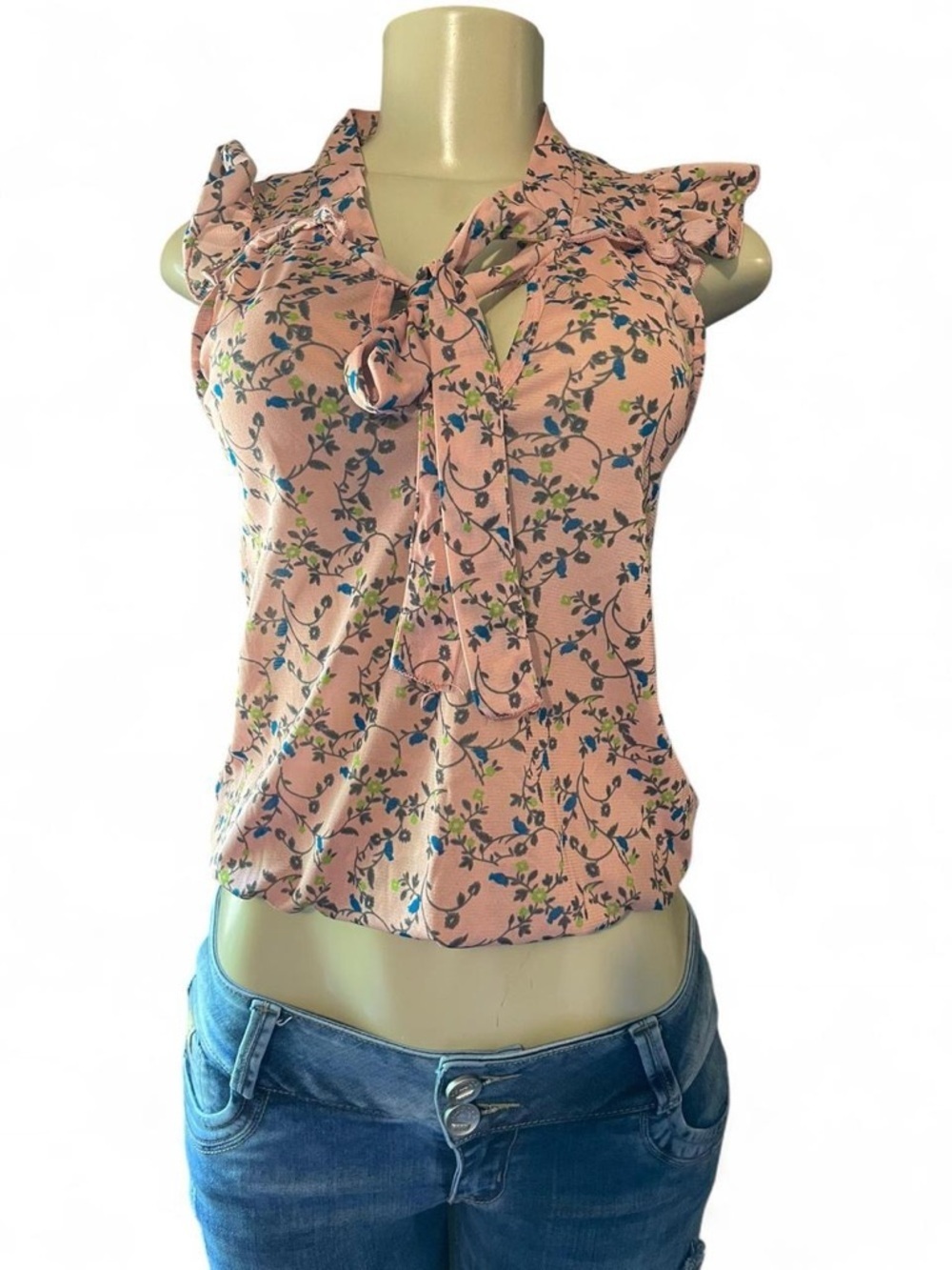 julie's closet Pink Floral Tie-Neck Ruffle Sleeveless Blouse